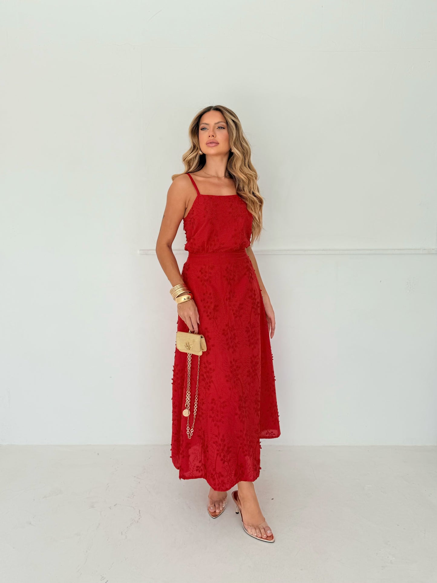 Vestido Longo Vermelho Texturizado Glamour