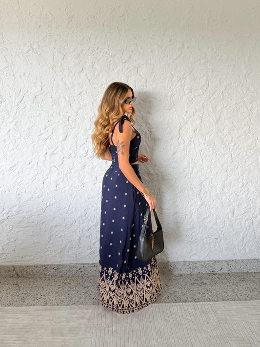 Conjunto Azul Petróleo Bordado