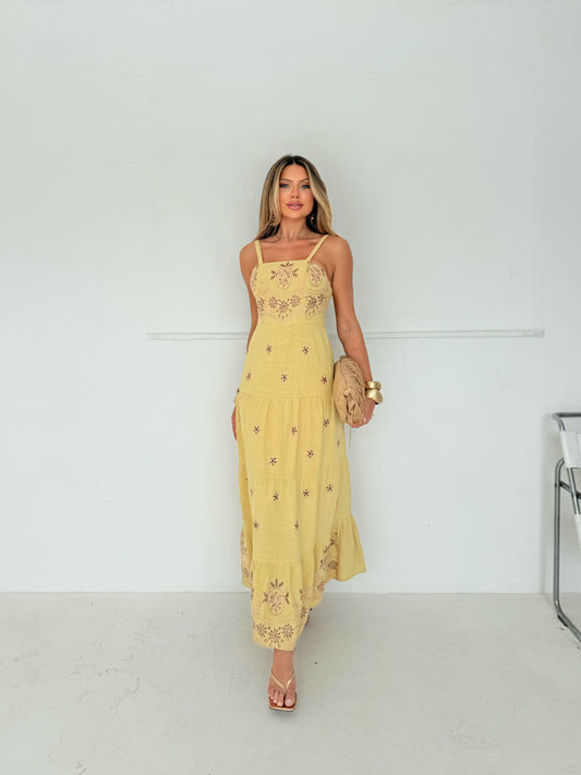 Vestido Amarelo Bordado Natural Autêntico