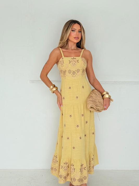 Vestido Amarelo Bordado Natural Autêntico