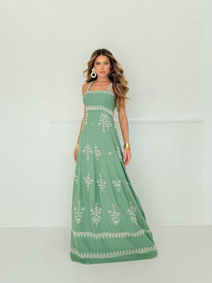 Vestido Longo Verde com Bordado Off-White Natural