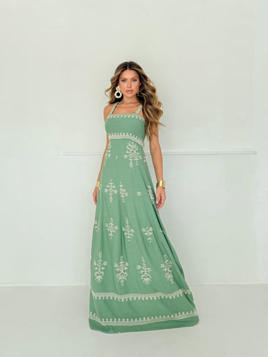 Vestido Longo Verde com Bordado Off-White Natural