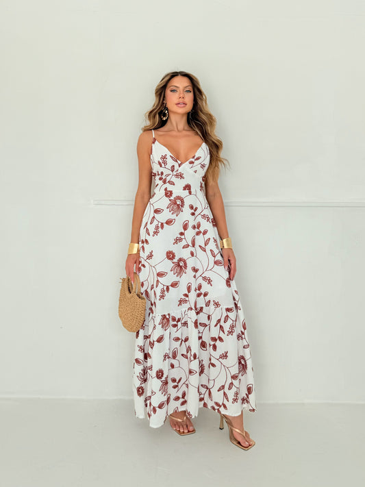 Vestido Longo Branco com Estampa Floral Terracota