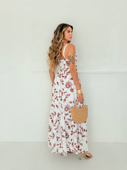 Vestido Longo Branco com Estampa Floral Terracota