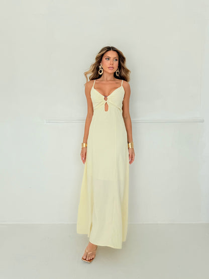 Vestido Longo Amarelo Manteiga com Argola