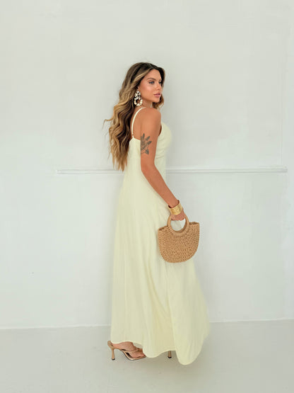Vestido Longo Amarelo Manteiga com Argola