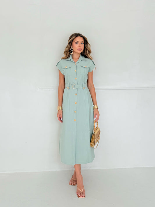 Vestido Midi com Botões Dourados Fox