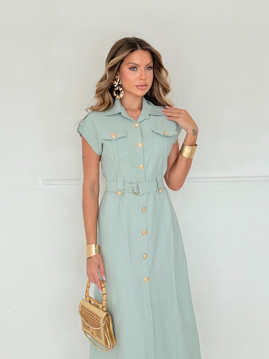 Vestido Midi com Botões Dourados Fox