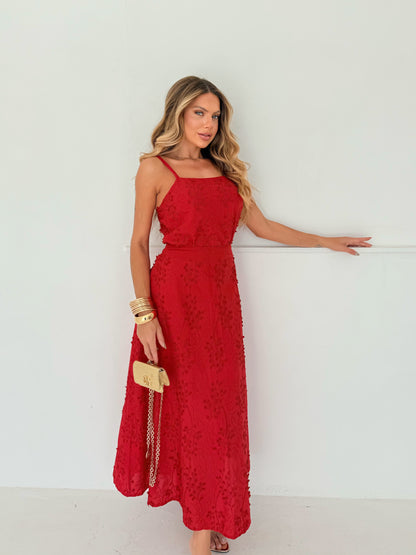 Vestido Longo Vermelho Texturizado Glamour