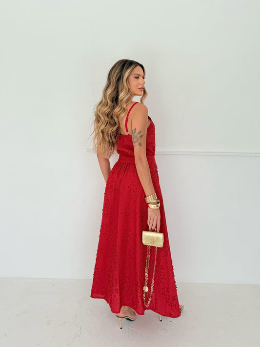 Vestido Longo Vermelho Texturizado Glamour