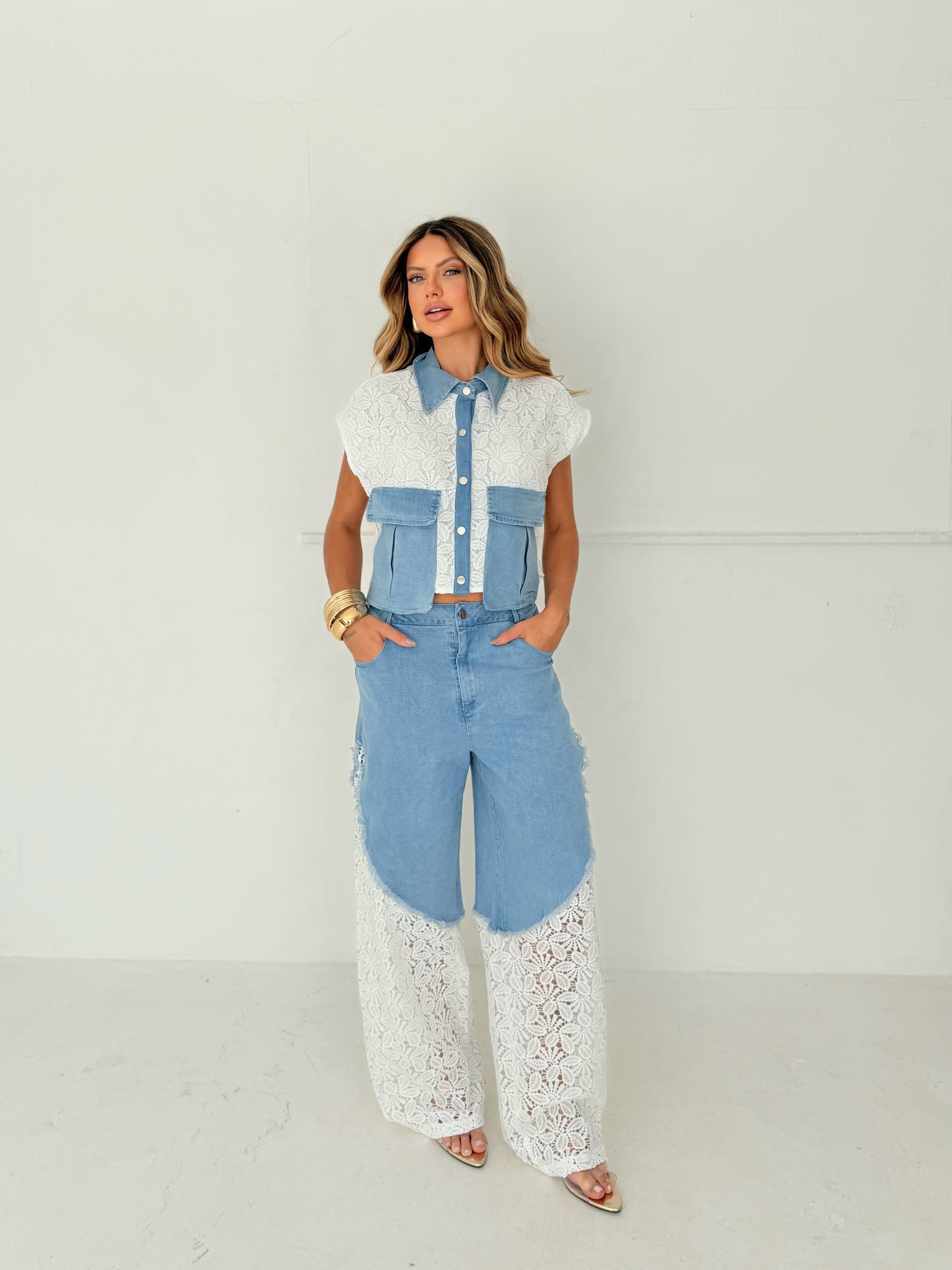 Conjunto Jeans e Renda High-Low