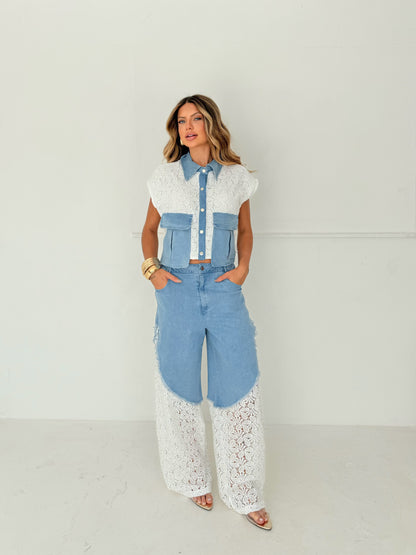Conjunto Jeans e Renda High-Low