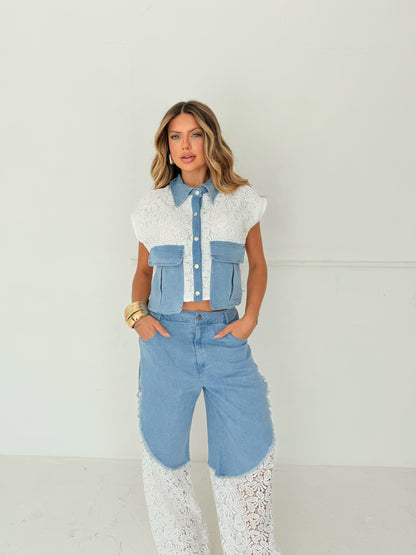 Conjunto Jeans e Renda High-Low