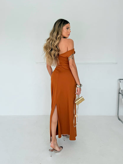 Vestido Longo Terracota Drapeado Caído