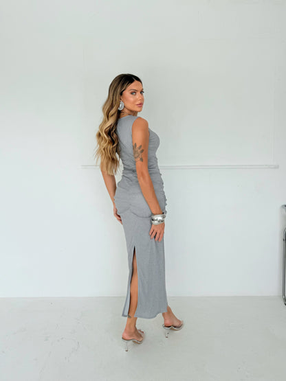 Vestido Longo Prata Drapeado Hollywood