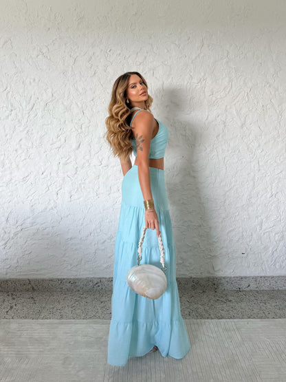 Conjunto Crooped Azul & Saia Longa